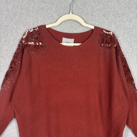 Liv Milano‎ Sweater Large Embellished Crochet Lace Sheer Soft Rust Burnt Comfy - Picture 1 of 10